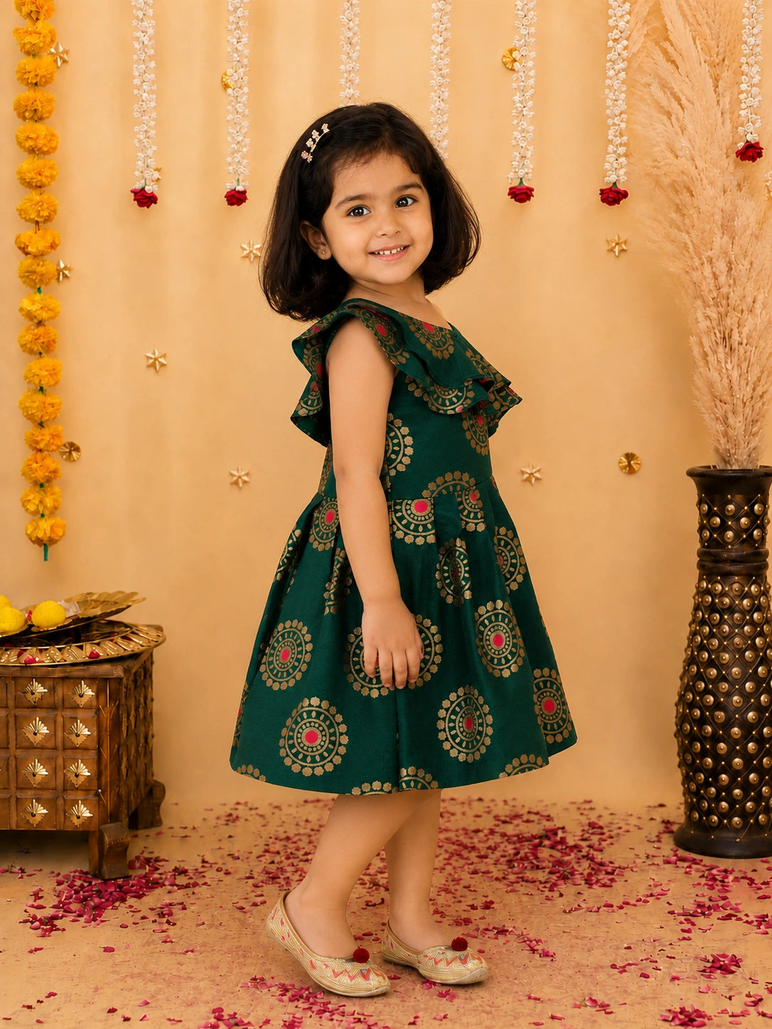 Bownbee One Shoulder Frill Jacquard Frock Party Dress For Girls