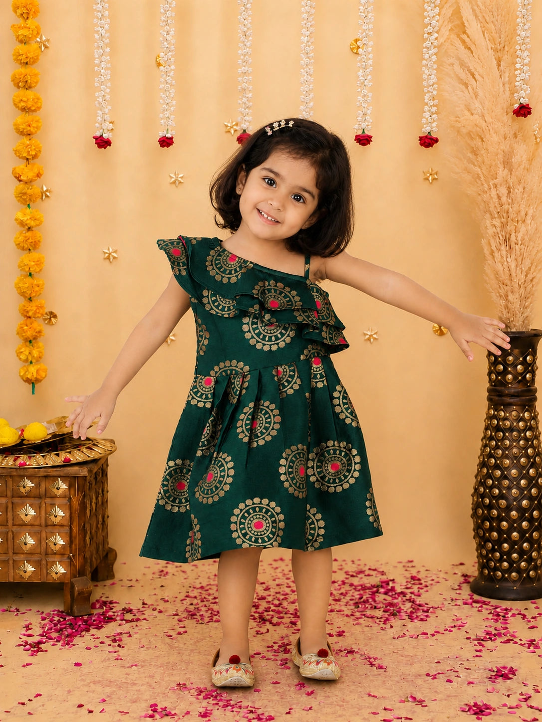 Bownbee One Shoulder Frill Jacquard Frock Party Dress For Girls