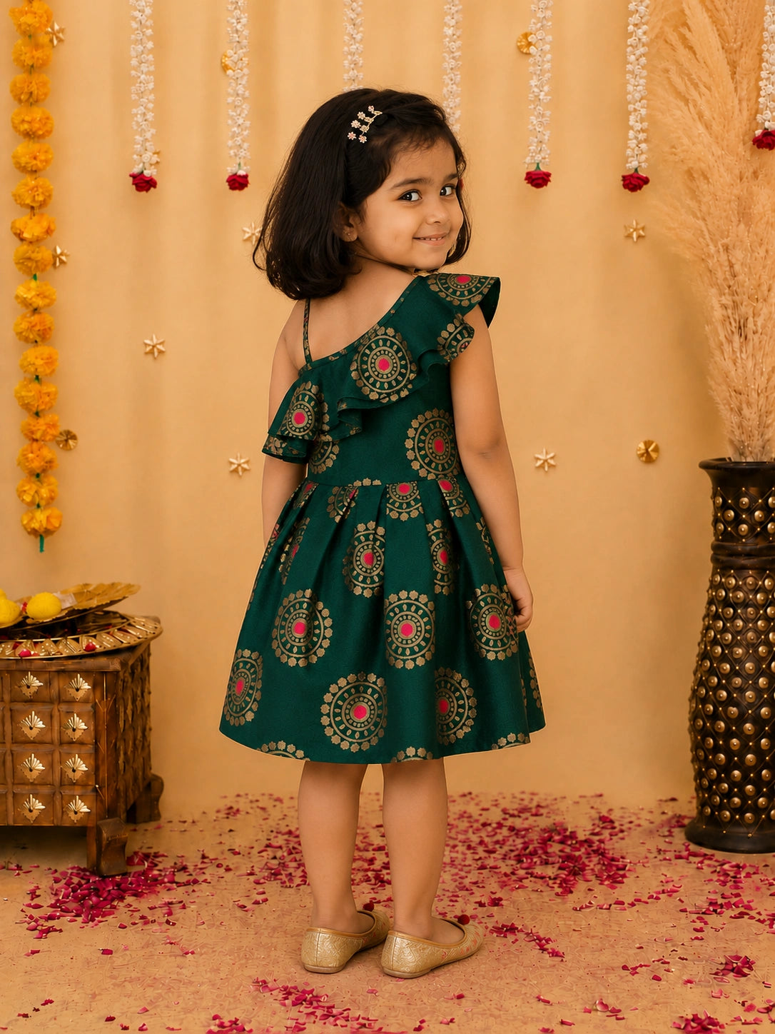 Bownbee One Shoulder Frill Jacquard Frock Party Dress For Girls