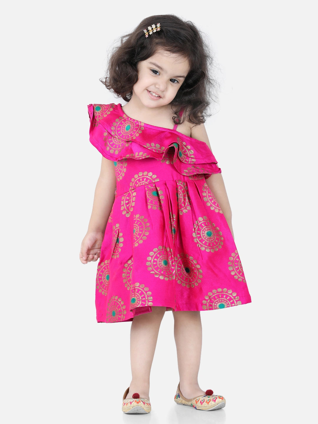 BownBee One Shoulder Cap Sleeves Frill Detail Floral Printed Dress