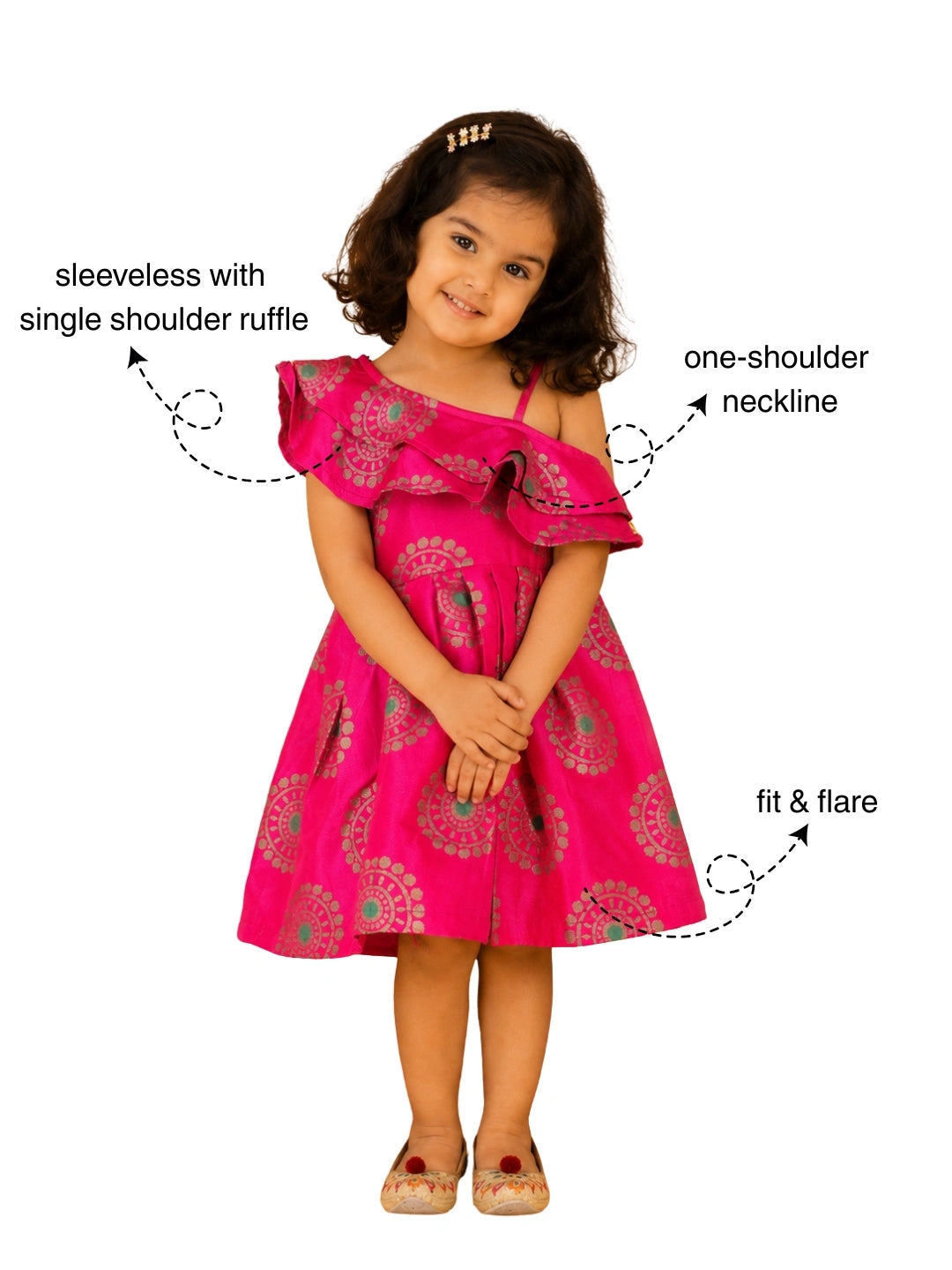 Bownbee One Shoulder Frill Jacquard Frock Party Dress For Girls