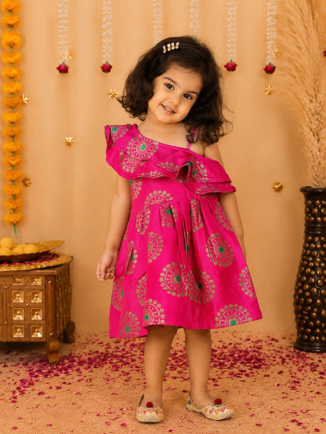 Bownbee One Shoulder Frill Jacquard Frock Party Dress For Girls