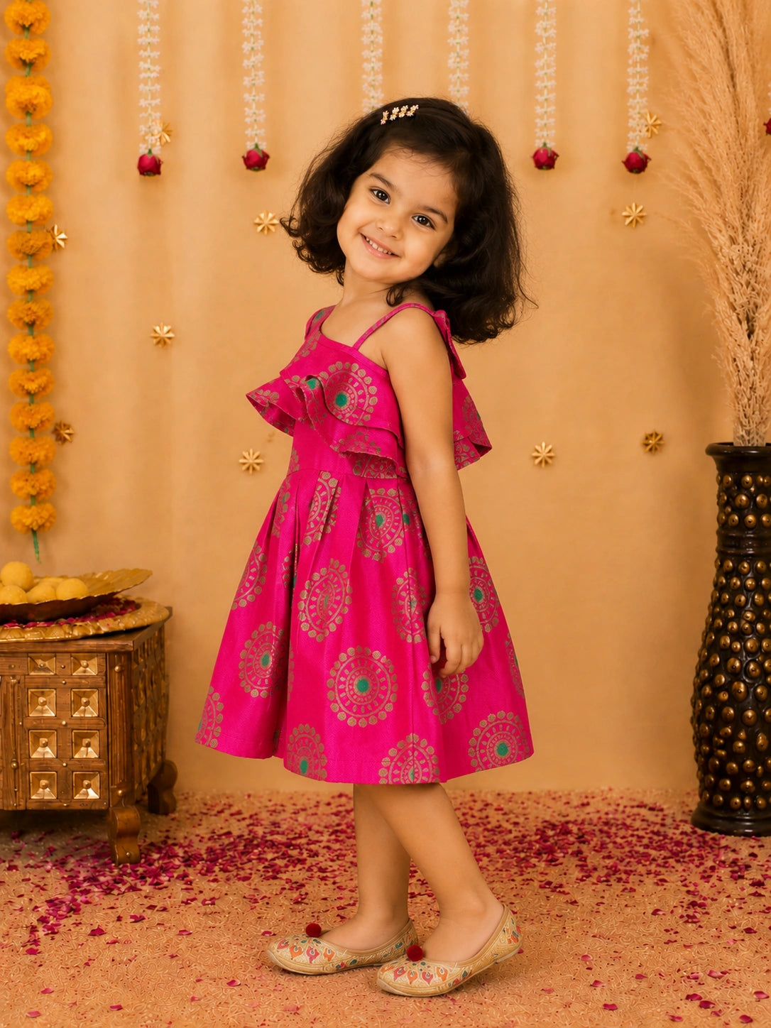 Bownbee One Shoulder Frill Jacquard Frock Party Dress For Girls
