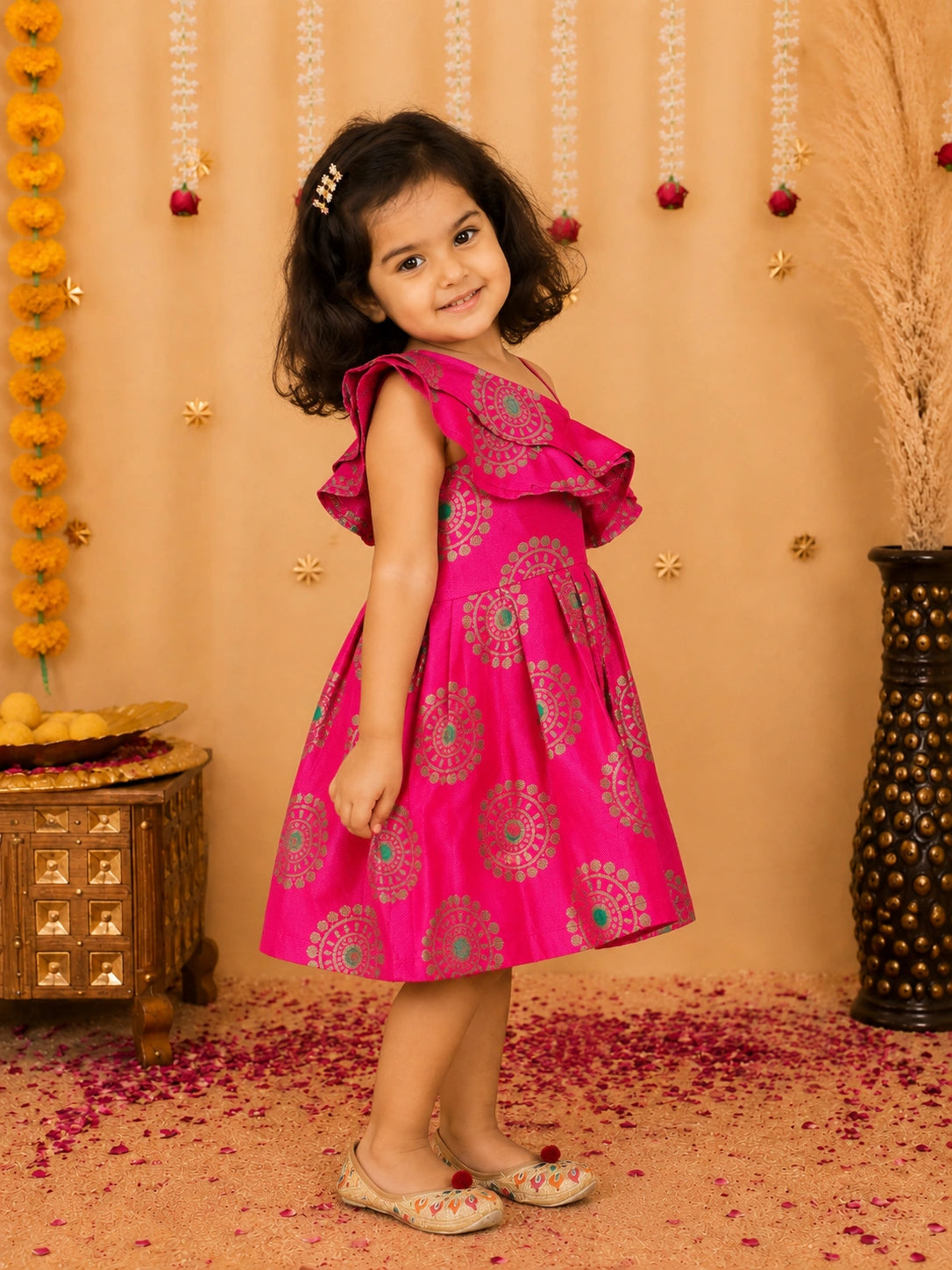 Bownbee One Shoulder Frill Jacquard Frock Party Dress For Girls