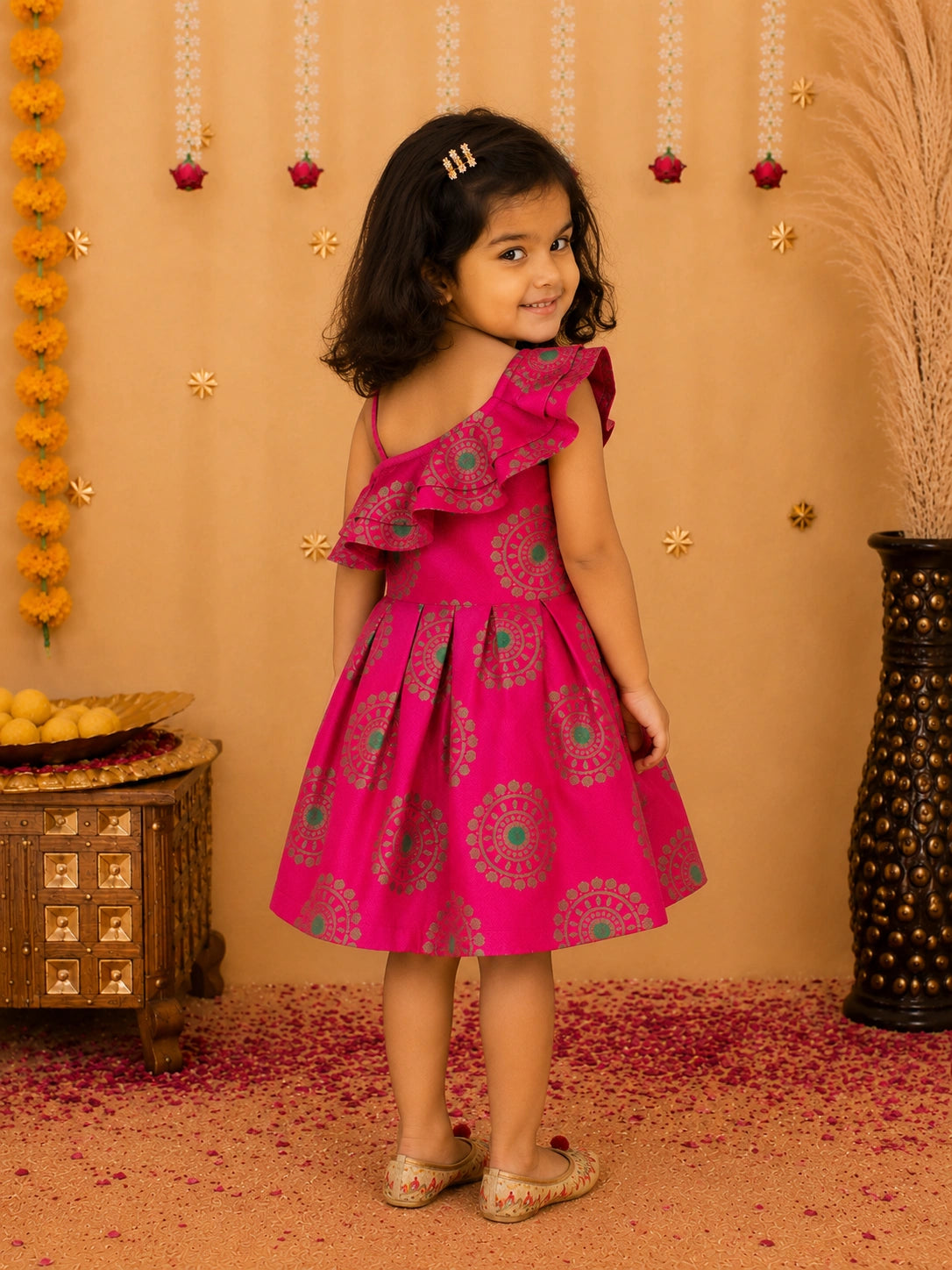 Bownbee One Shoulder Frill Jacquard Frock Party Dress For Girls