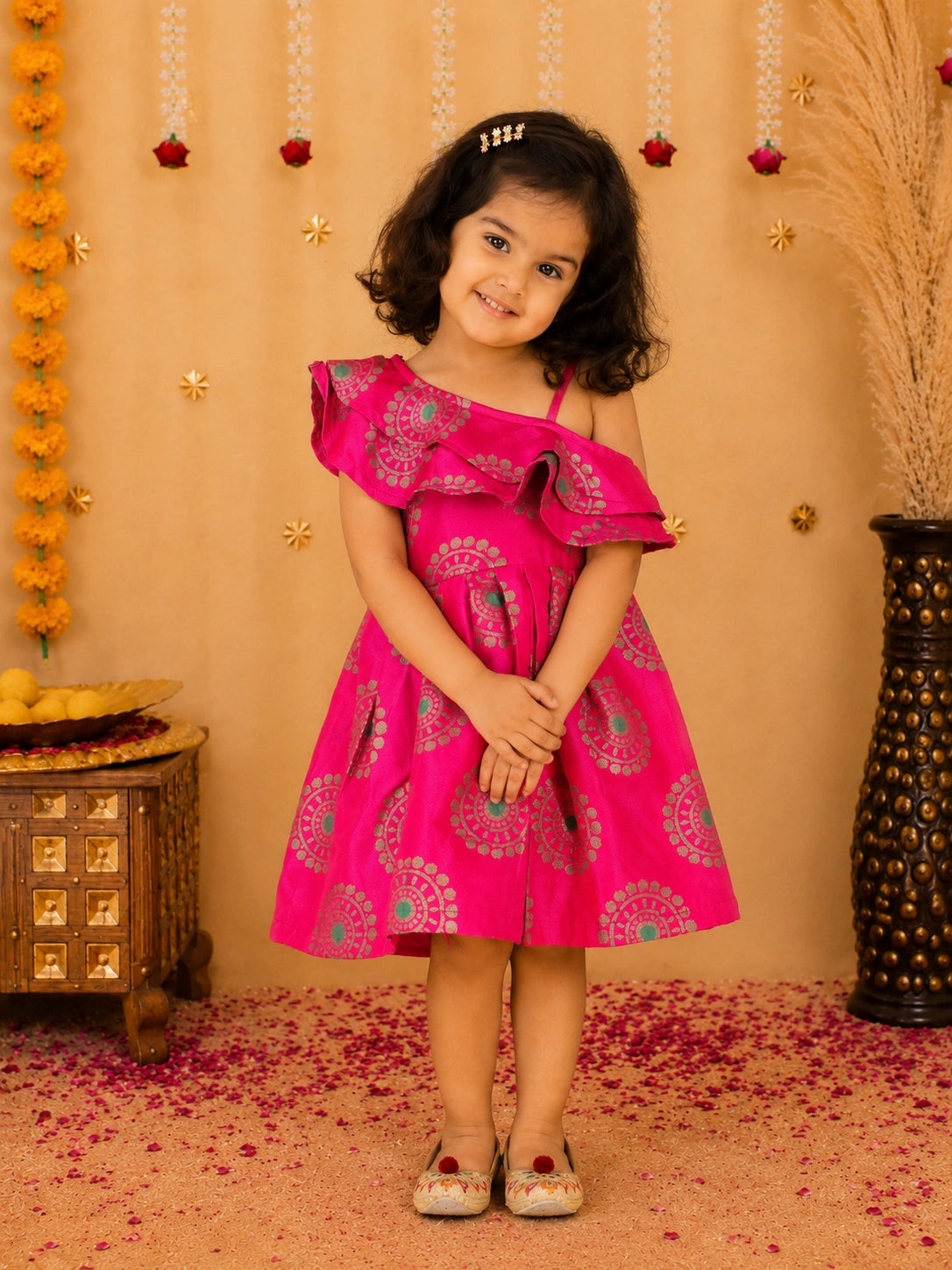 Bownbee One Shoulder Frill Jacquard Frock Party Dress For Girls