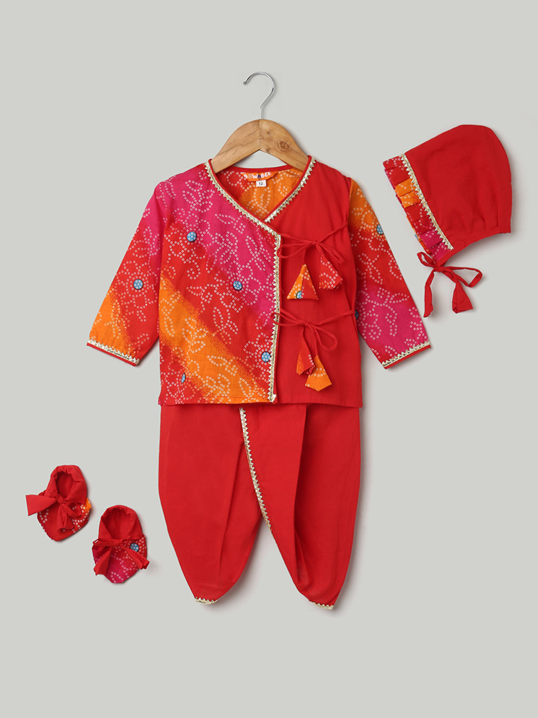 BownBee Pure Cotton Full Sleeve Jamna Set For Girls - Red