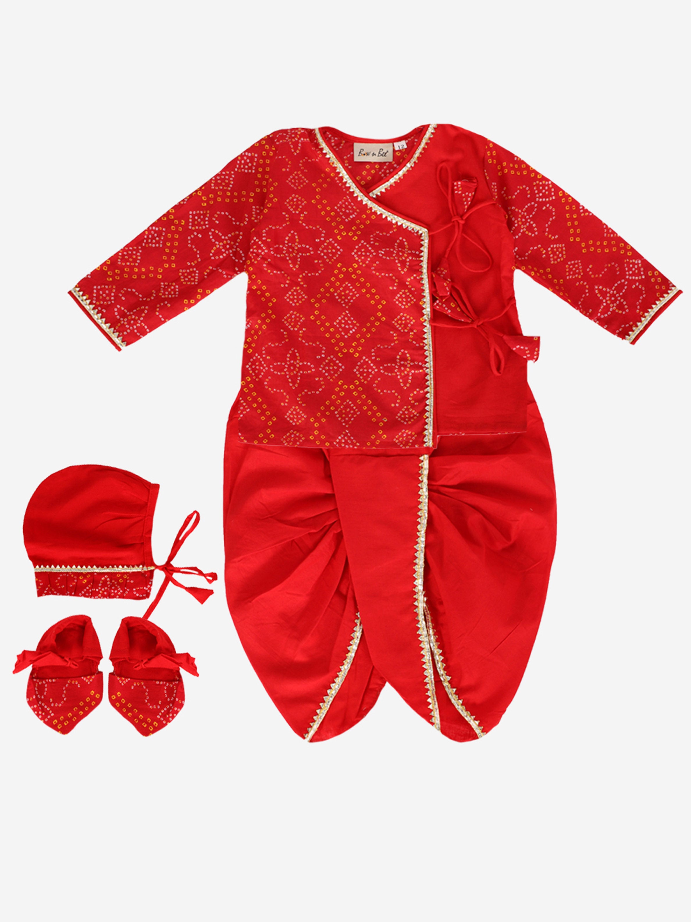 BownBee Pure Cotton Full Sleeve Jamna Set For Boys - Red