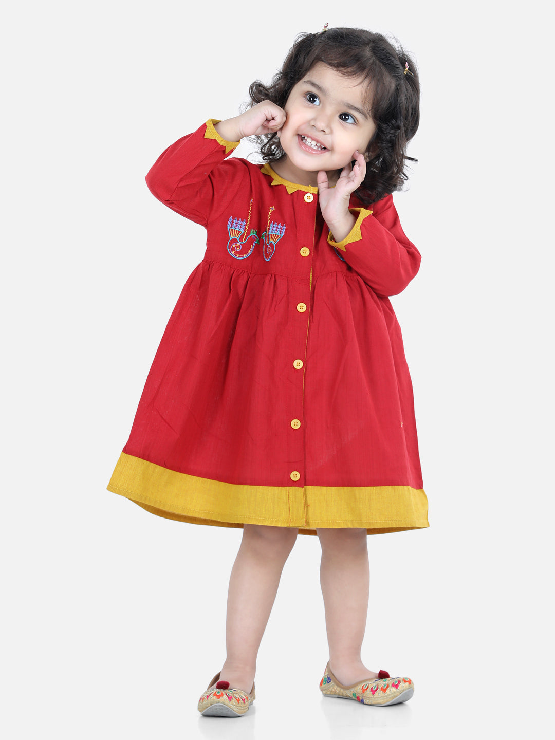 BownBee Full Sleeves Birds Embroidered Detail Dress - Red