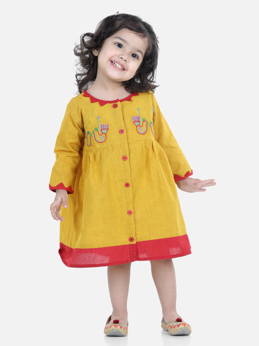 BownBee Full Sleeves Birds Embroidered Detail Dress - Yellow