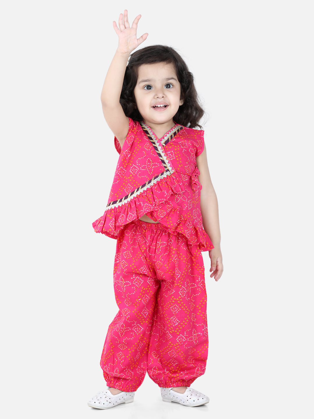 BownBee Front Open Cotton Bandhni Print Baby Full Sleeve Kurta Pyjama for Girls - Pink