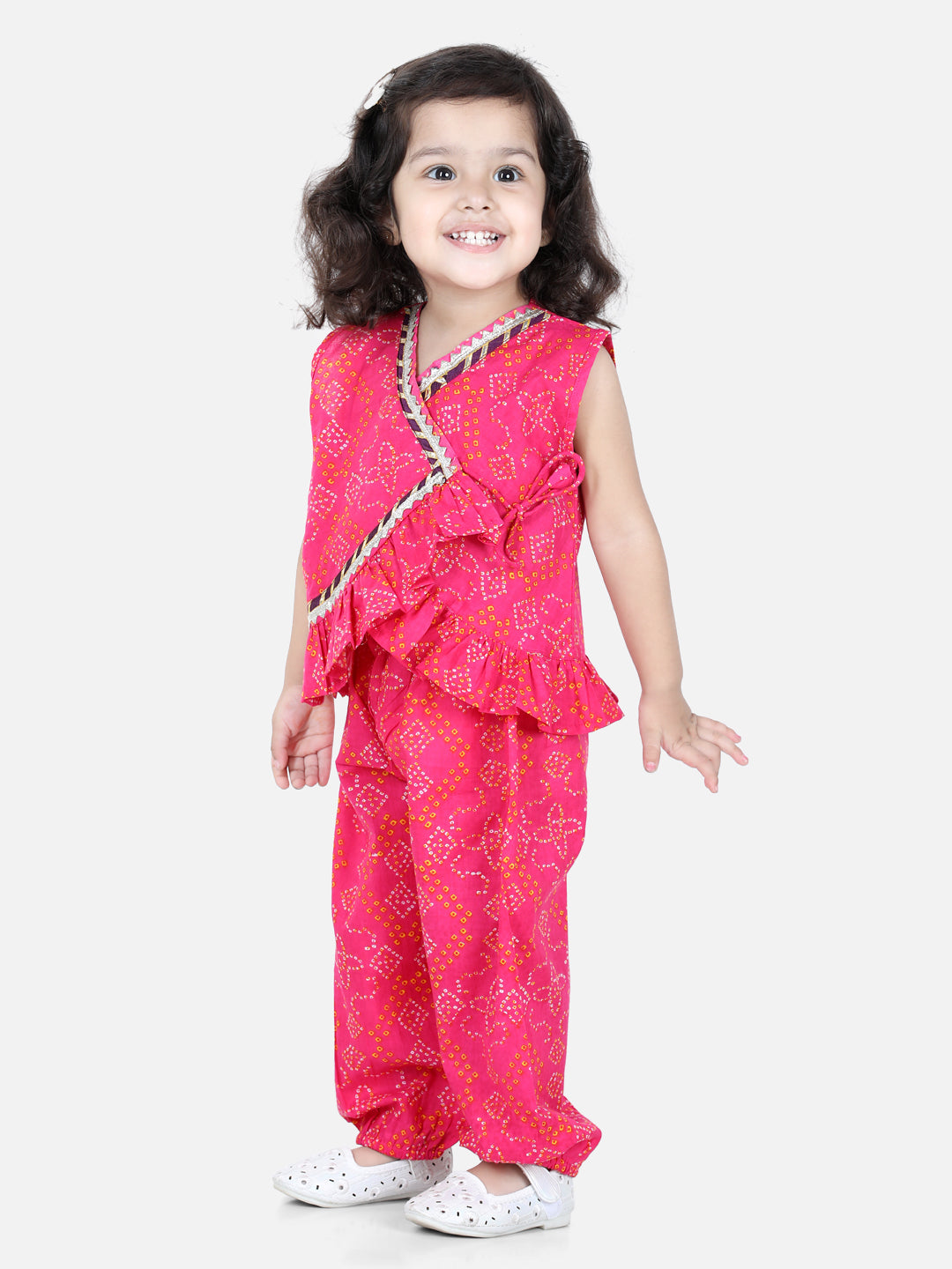 BownBee Front Open Cotton Bandhni Print Baby Full Sleeve Kurta Pyjama for Girls - Pink