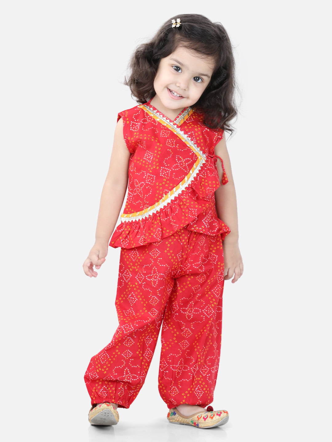 BownBee Front Open Cotton Bandhni Print Baby Full Sleeve Kurta Pyjama for Girls - Red
