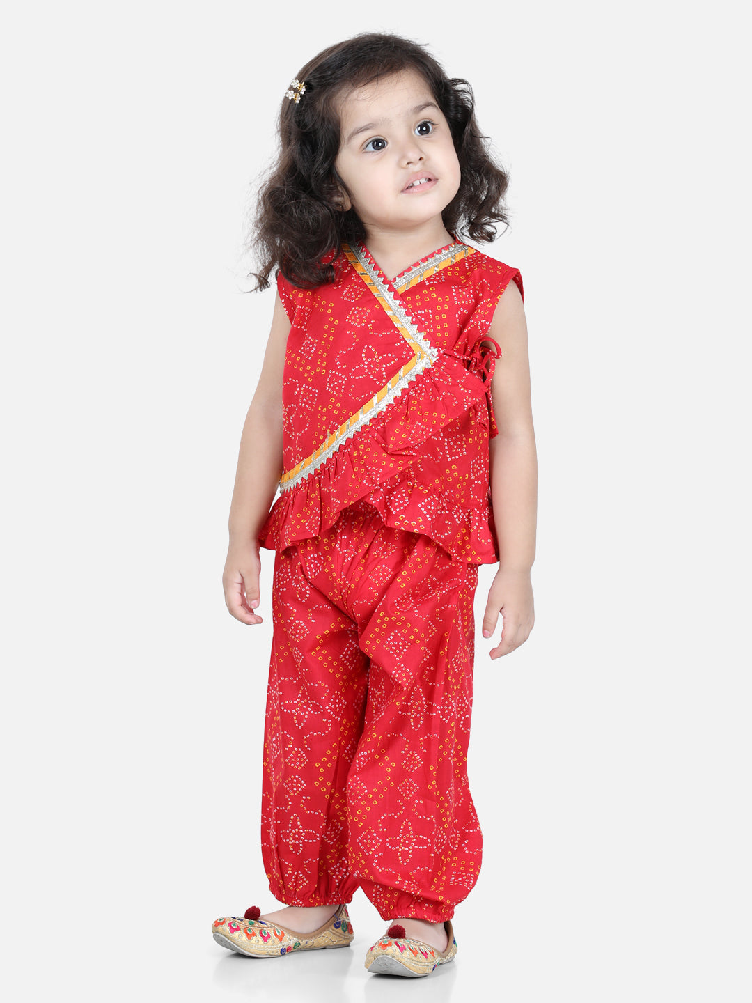 BownBee Front Open Cotton Bandhni Print Baby Full Sleeve Kurta Pyjama for Girls - Red