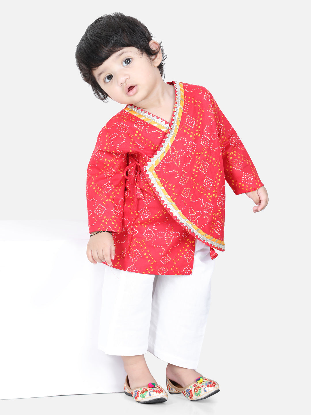 BownBee Front Open Cotton Bandhni Print Baby Full Sleeve Kurta Pyjama for Boys-Red