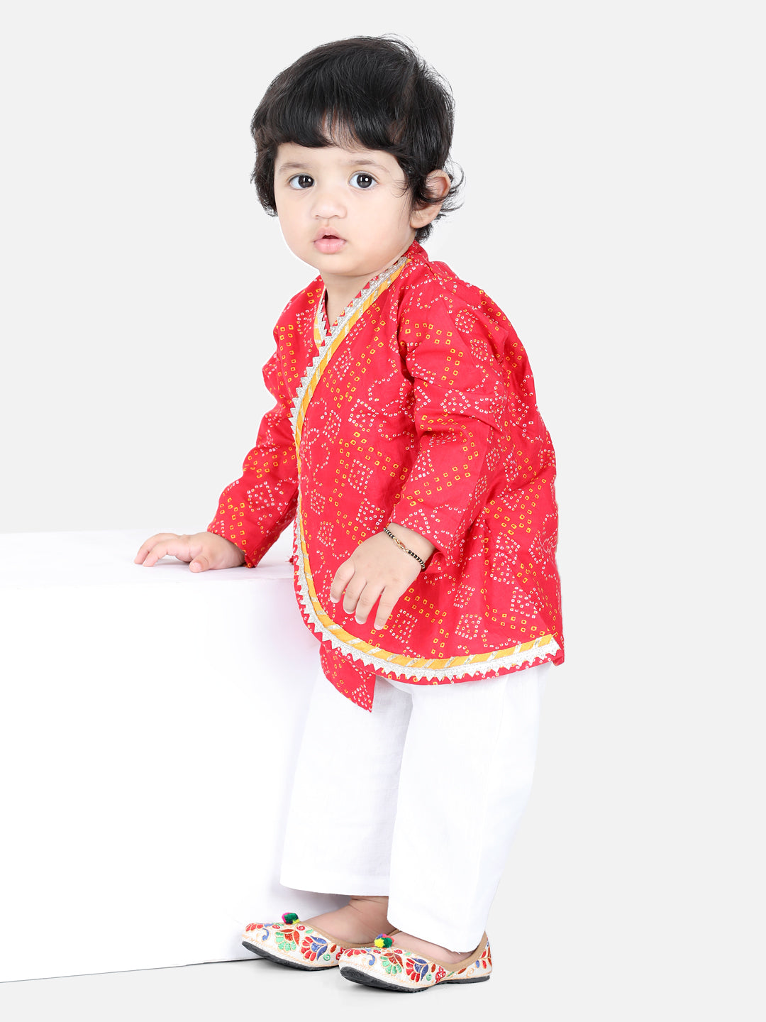 BownBee Front Open Cotton Bandhni Print Baby Full Sleeve Kurta Pyjama for Boys-Red