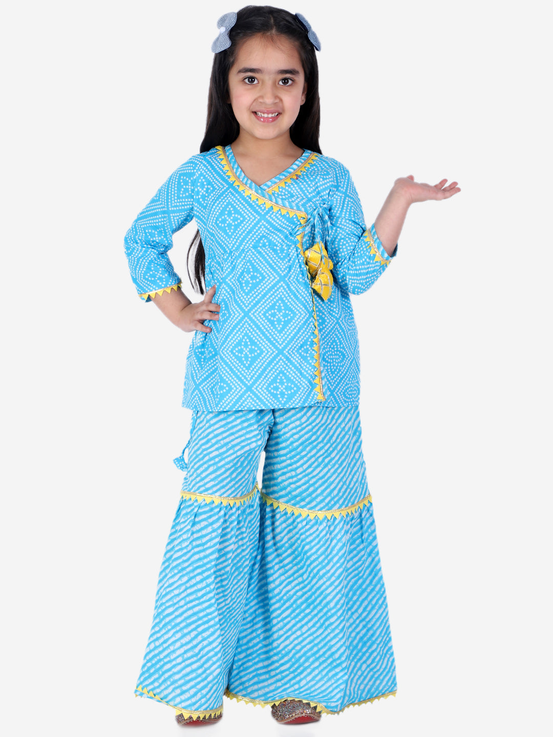 BownBee Full Sleeves Block Print Ethnic Angrakha Kurta With Sharara - Blue