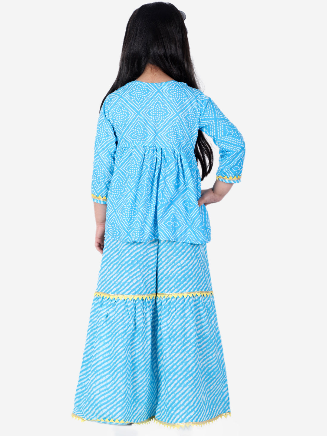 BownBee Full Sleeves Block Print Ethnic Angrakha Kurta With Sharara - Blue