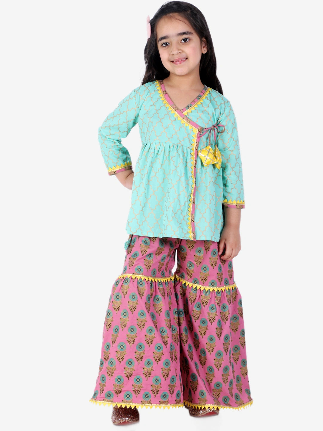 BownBee Full Sleeves Block Print Ethnic Angrakha Kurta With Sharara