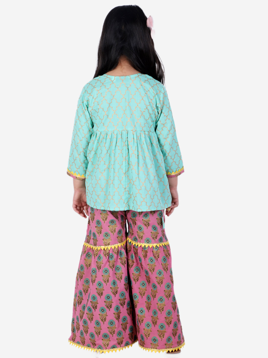 BownBee Full Sleeves Block Print Ethnic Angrakha Kurta With Sharara - Green