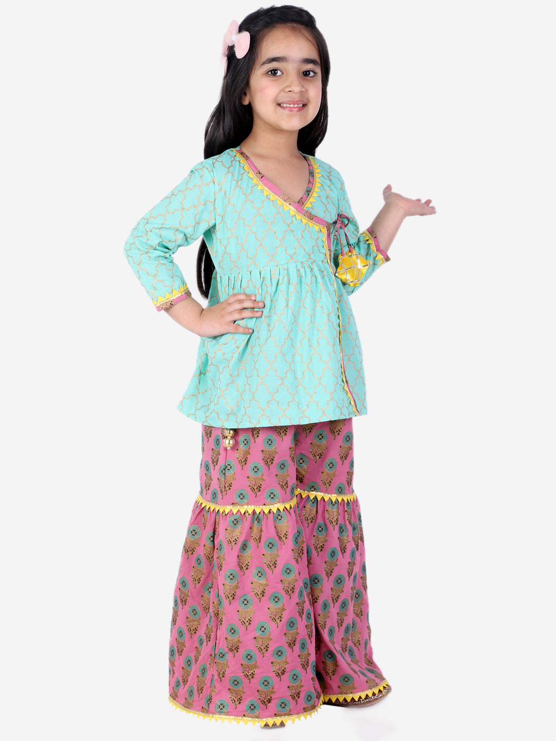 BownBee Full Sleeves Block Print Ethnic Angrakha Kurta With Sharara - Green