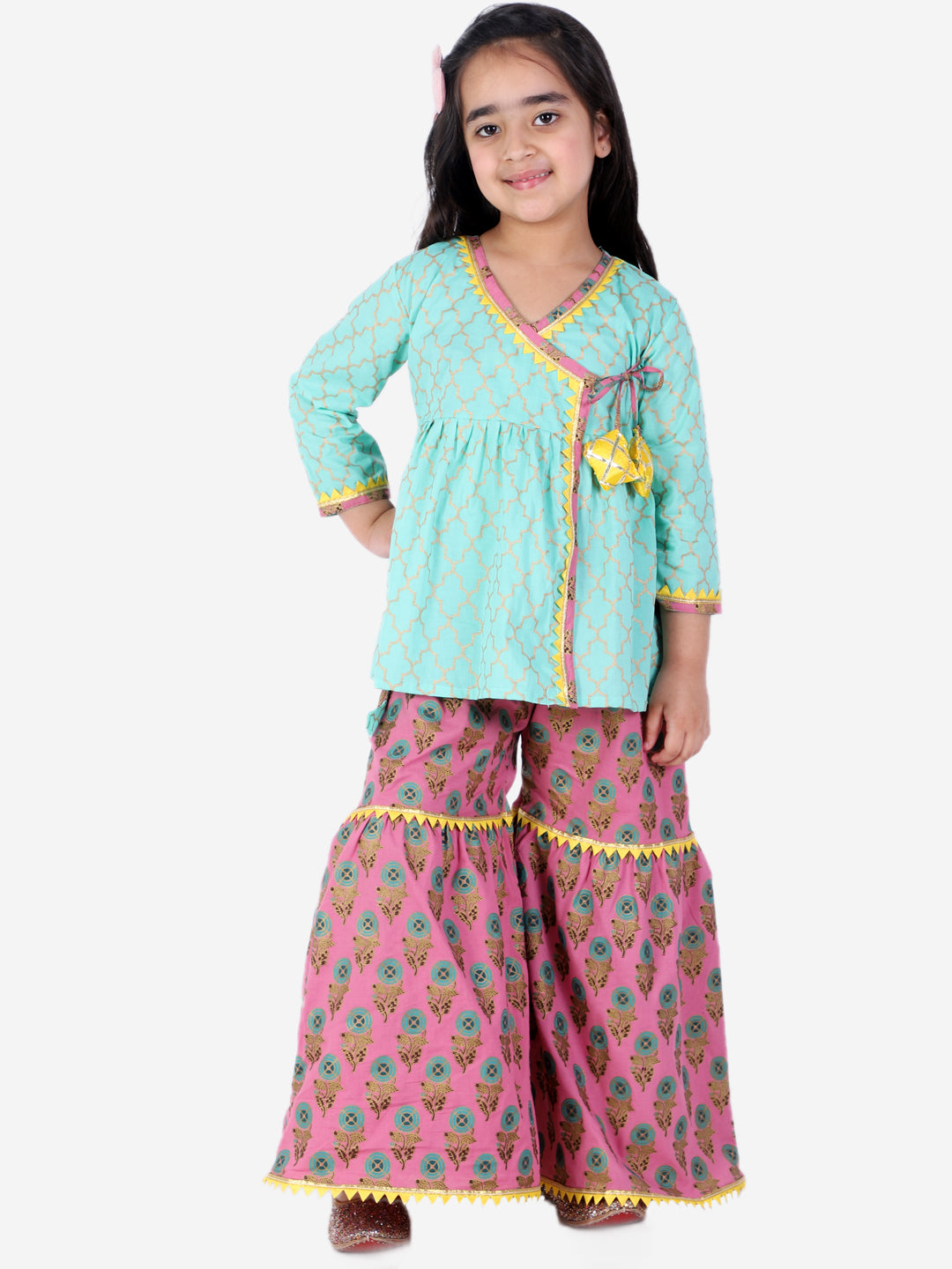 BownBee Full Sleeves Block Print Ethnic Angrakha Kurta With Sharara - Green