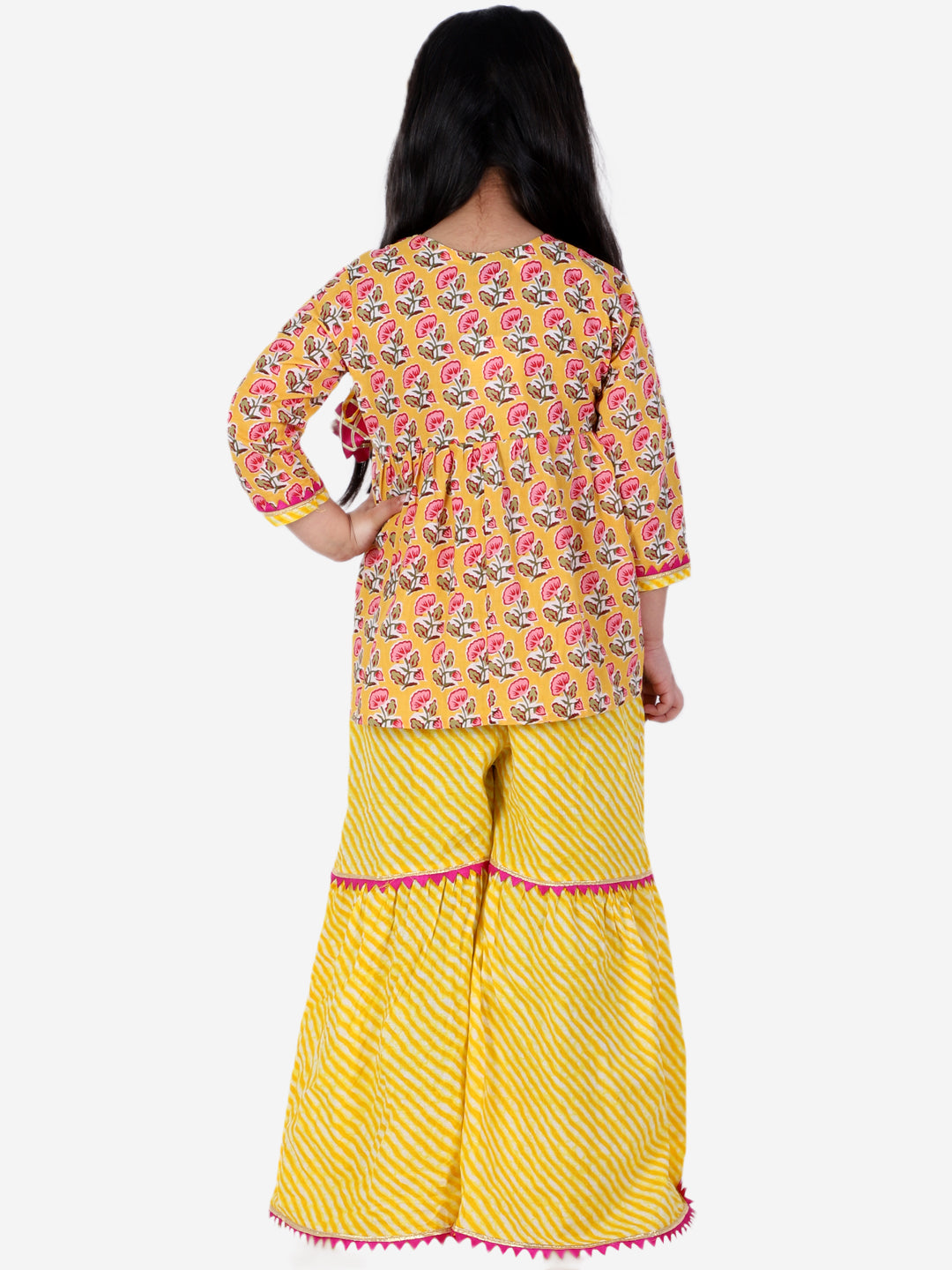 BownBee Full Sleeves Floral Block Print Ethnic Angrakha Kurta With Sharara - Yellow