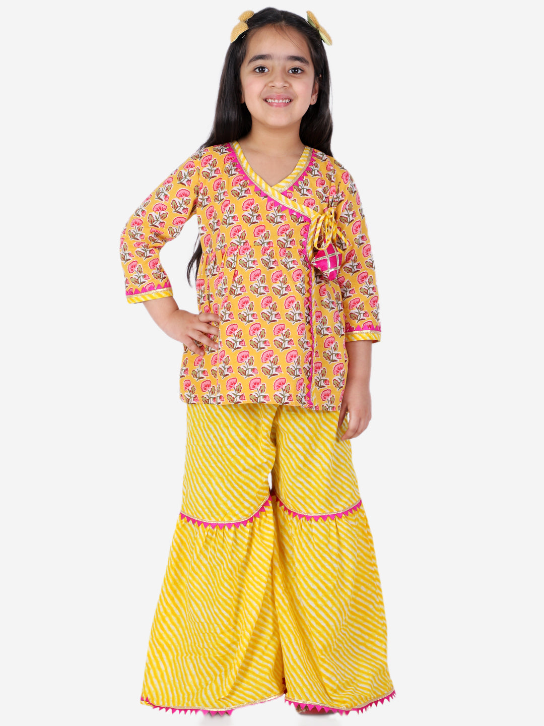 BownBee Full Sleeves Floral Block Print Ethnic Angrakha Kurta With Sharara - Yellow