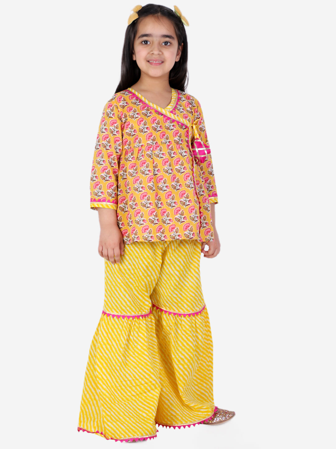 BownBee Full Sleeves Floral Block Print Ethnic Angrakha Kurta With Sharara - Yellow