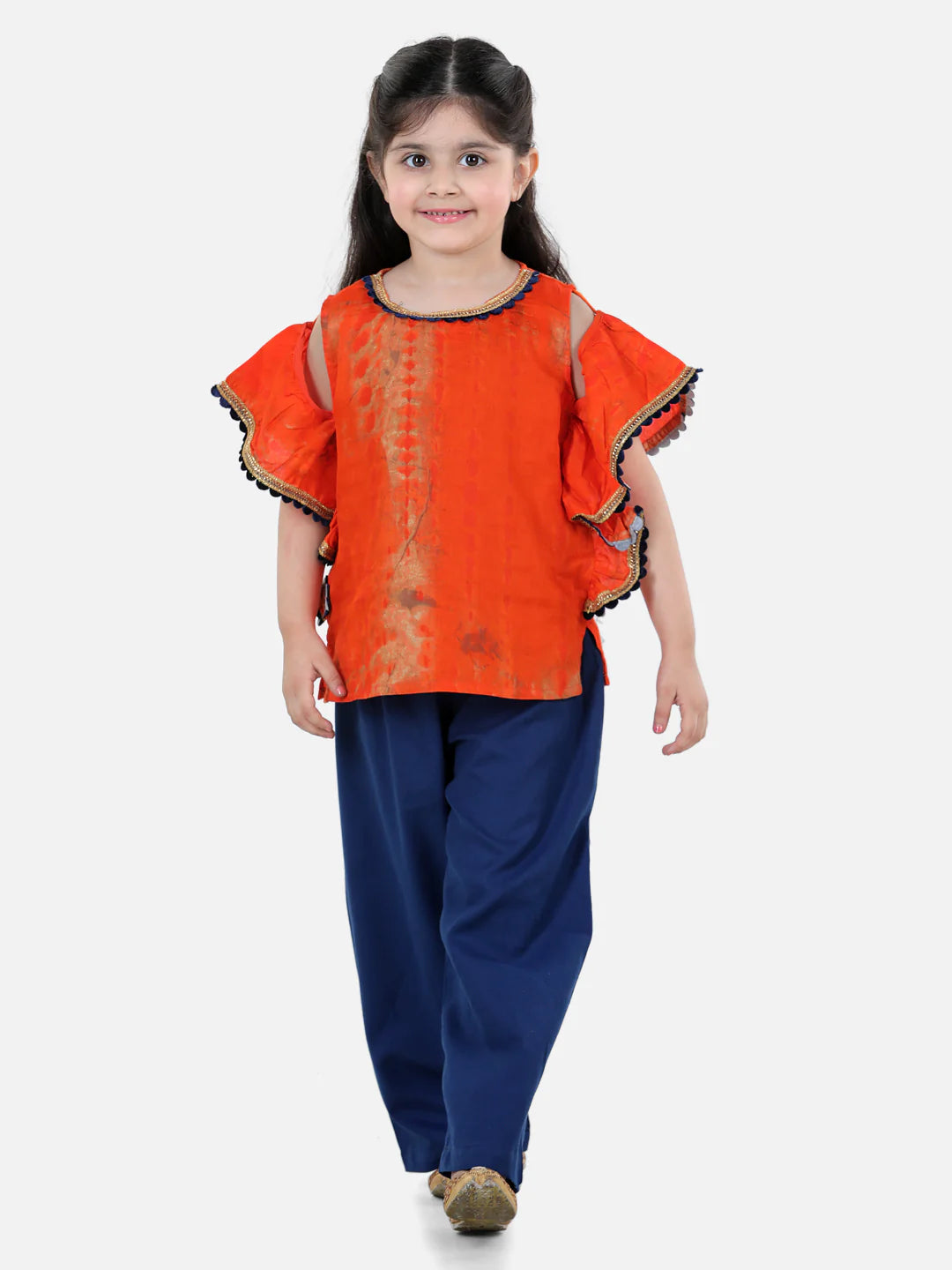 BownBee Cold Shoulder Half Sleeves Ruffle Detailing Top With Solid Pants