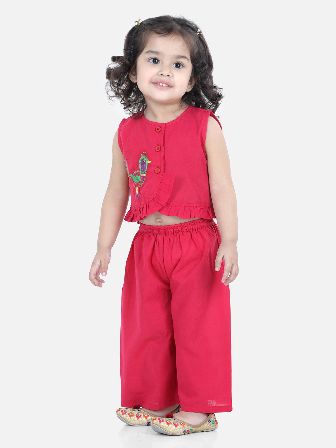 BownBee Sleeveless Bird Embroidered Frill Detail Top With Palazzo