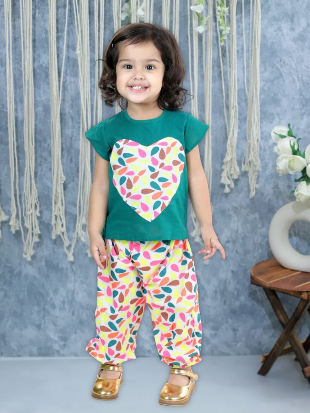 BownBee Pure Cotton Patch Top with Harem for Girls- Blue