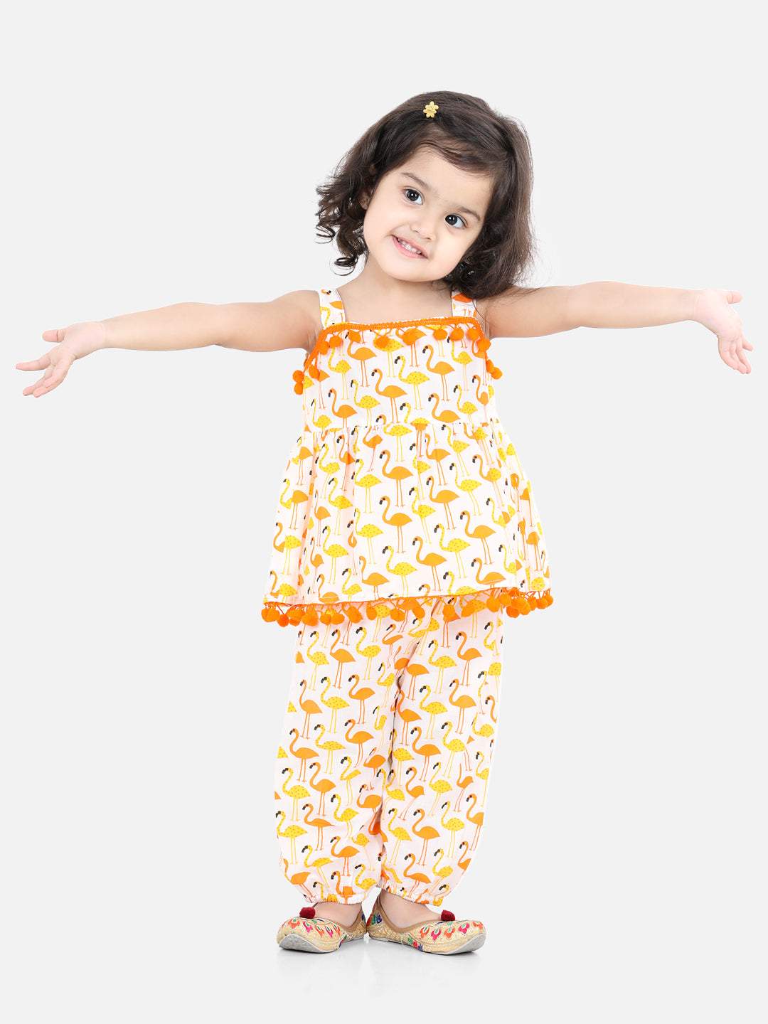 BownBee Girls  Flamingo Print Pure Cotton Top with Harem Clothing Set- Orange