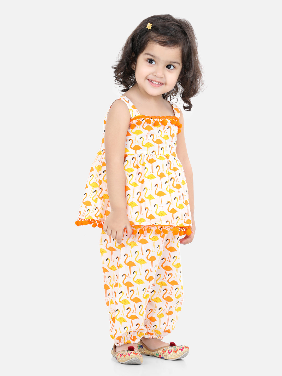 BownBee Girls  Flamingo Print Pure Cotton Top with Harem Clothing Set- Orange