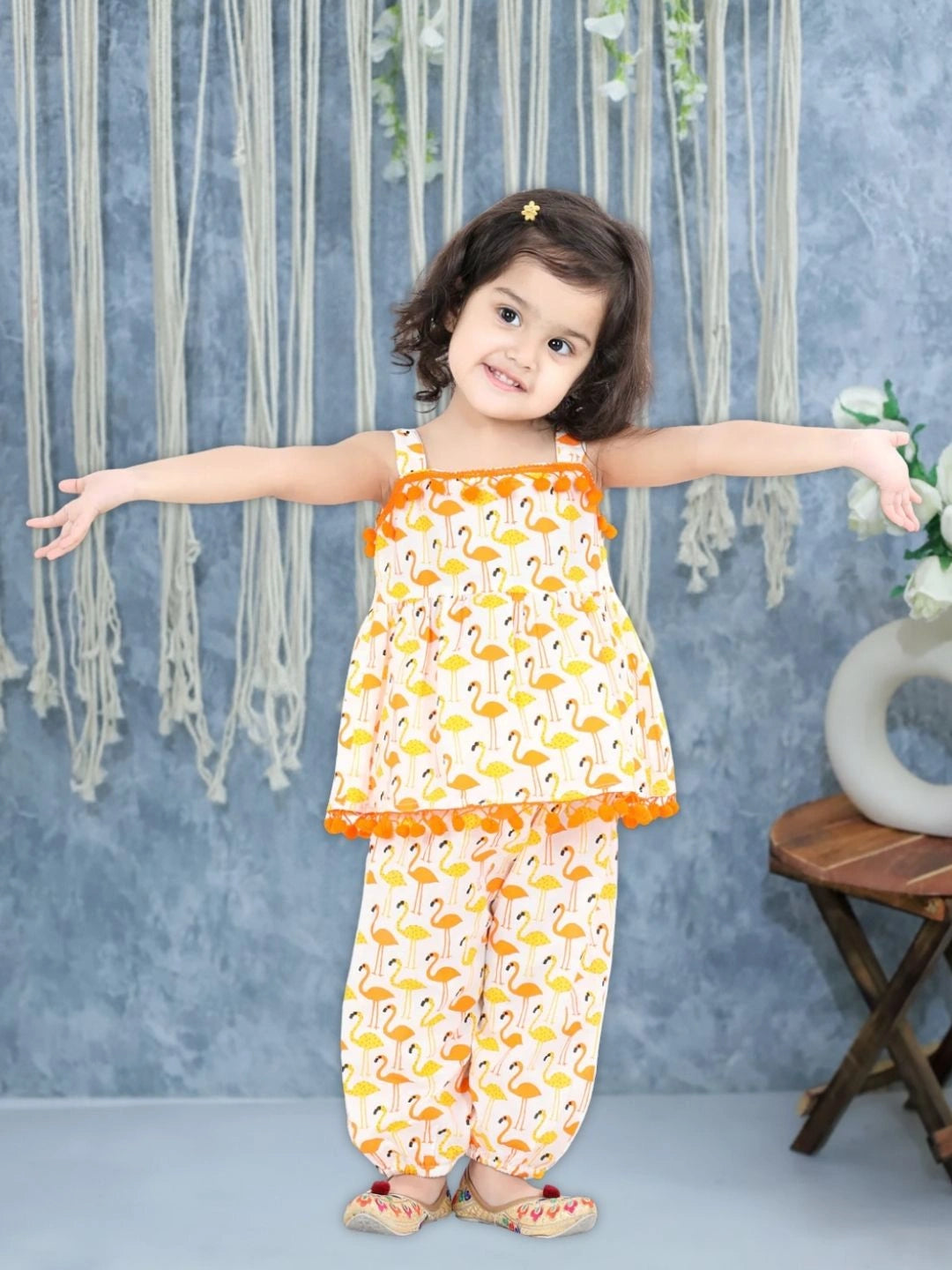 BownBee Girls  Flamingo Print Pure Cotton Top with Harem Clothing Set