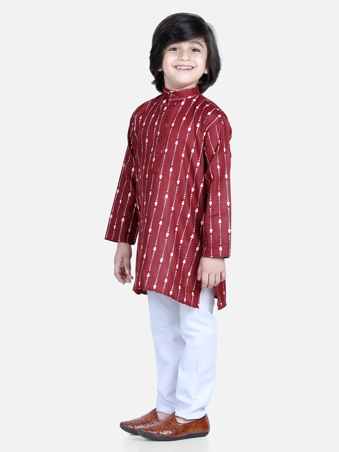 BownBee Printed Full Sleeves Dotted Lines Printed Kurta and Pajama Maroon