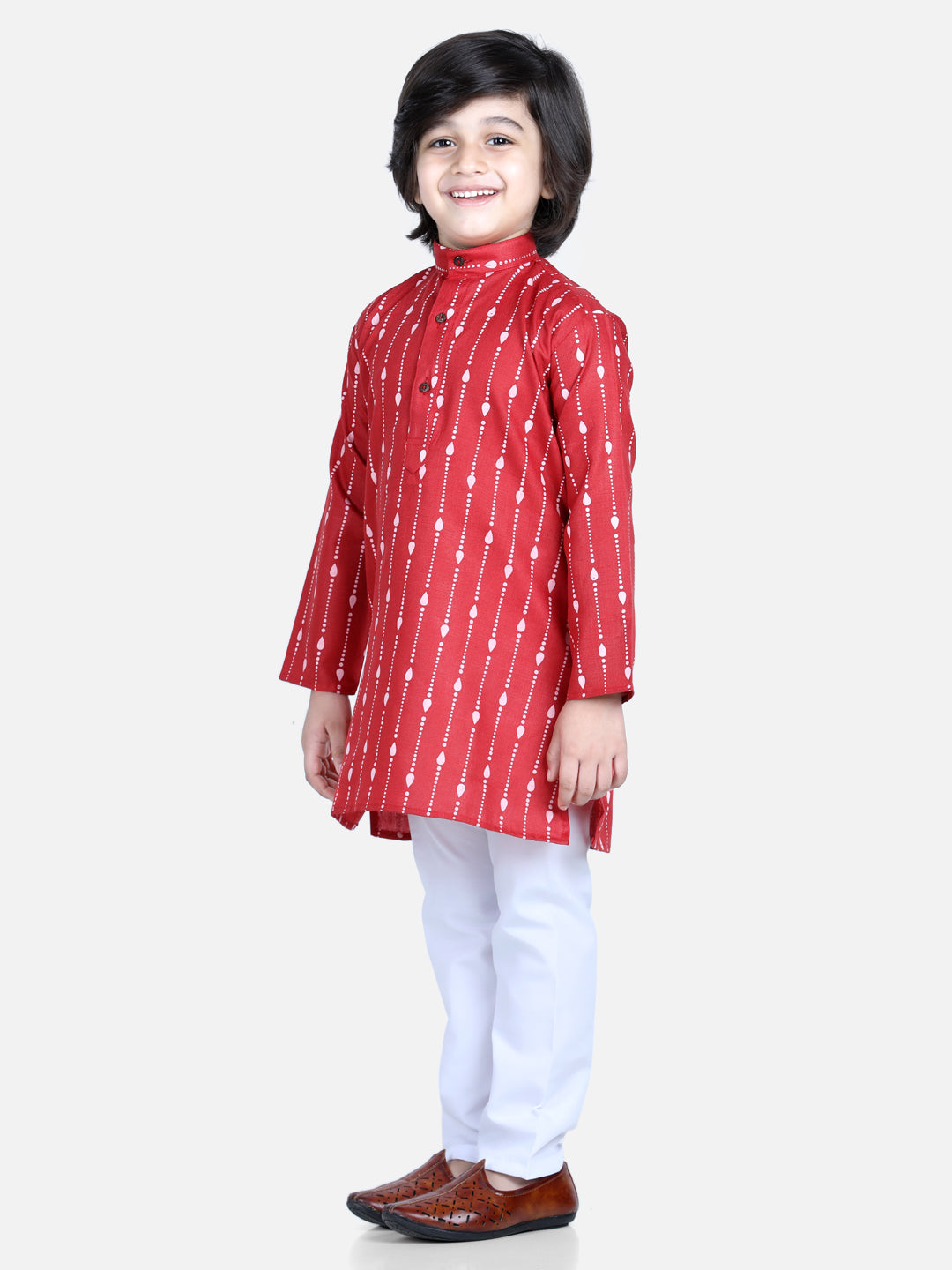 BownBee Printed Full Sleeves Dotted Lines Printed Kurta and Pajama Red