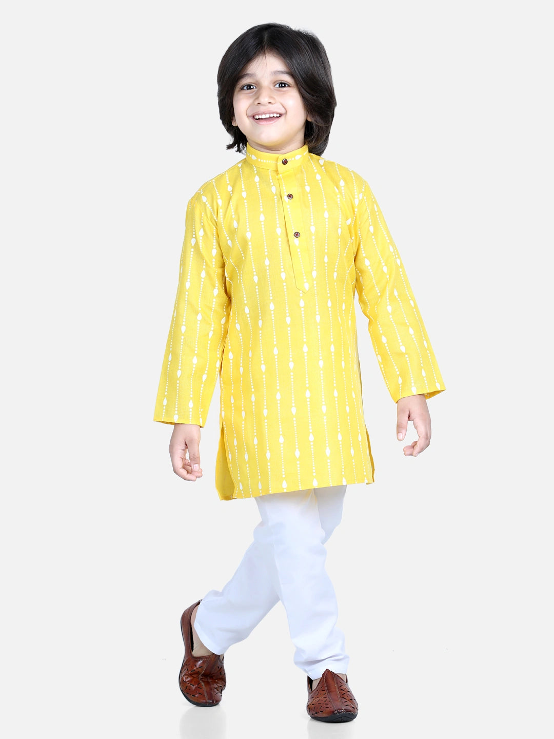BownBee Printed Full Sleeves Dotted Lines Printed Kurta and Pajama Yellow