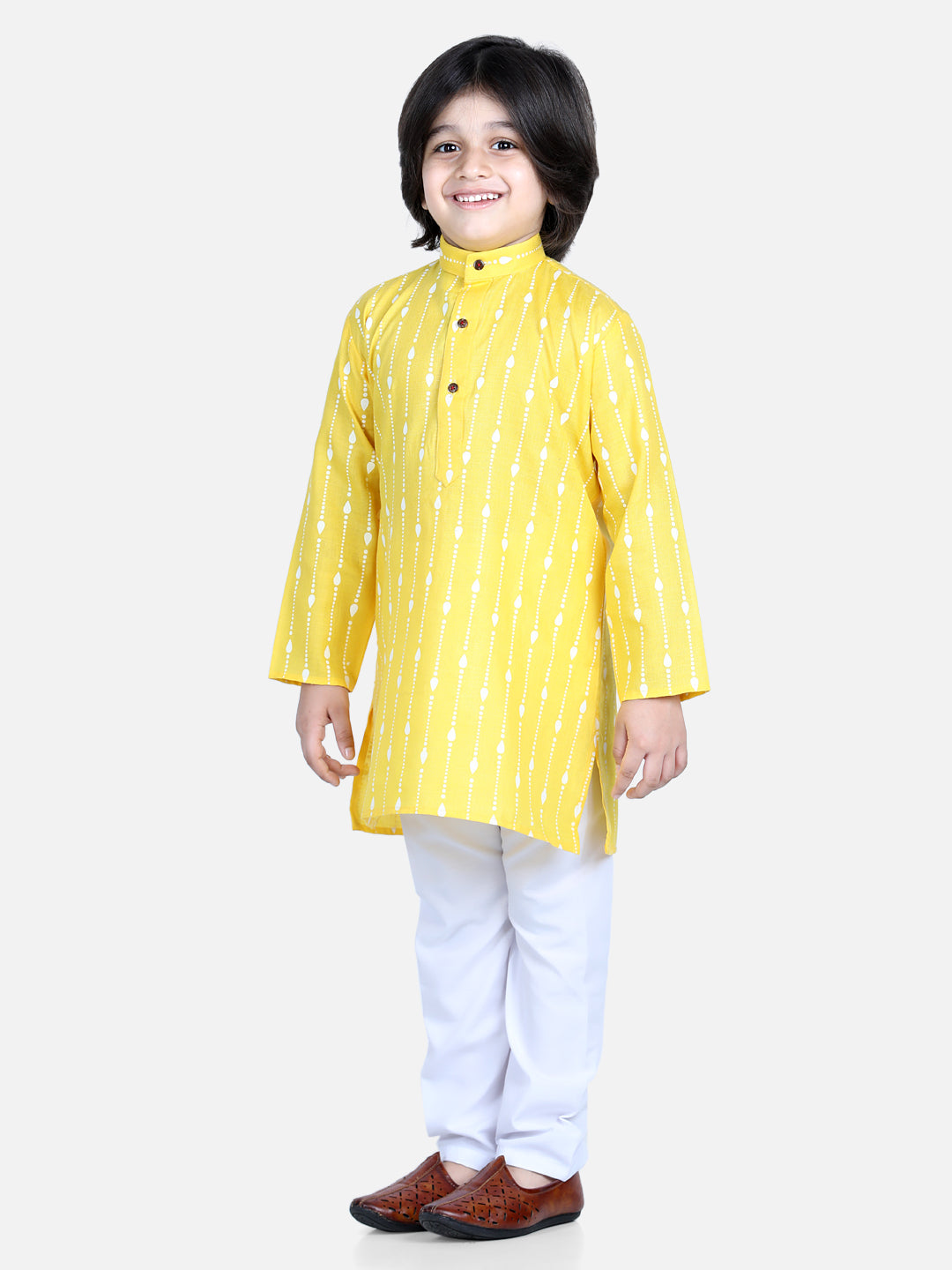 BownBee Printed Full Sleeves Dotted Lines Printed Kurta and Pajama Yellow