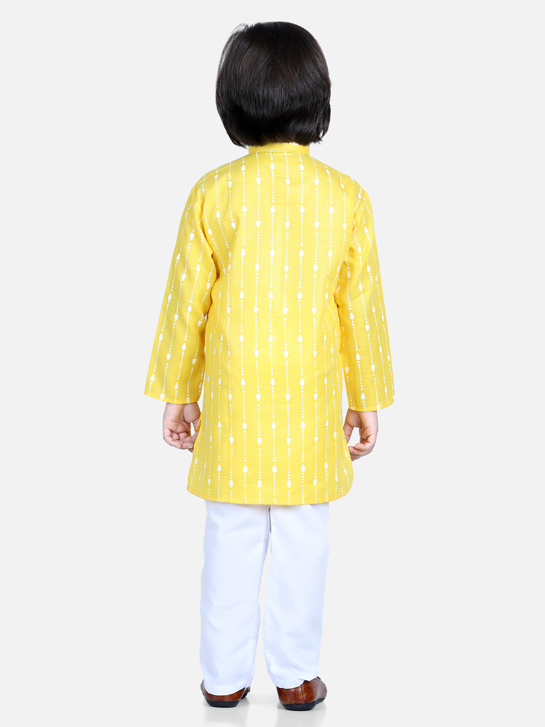 BownBee Printed Full Sleeves Dotted Lines Printed Kurta and Pajama Yellow
