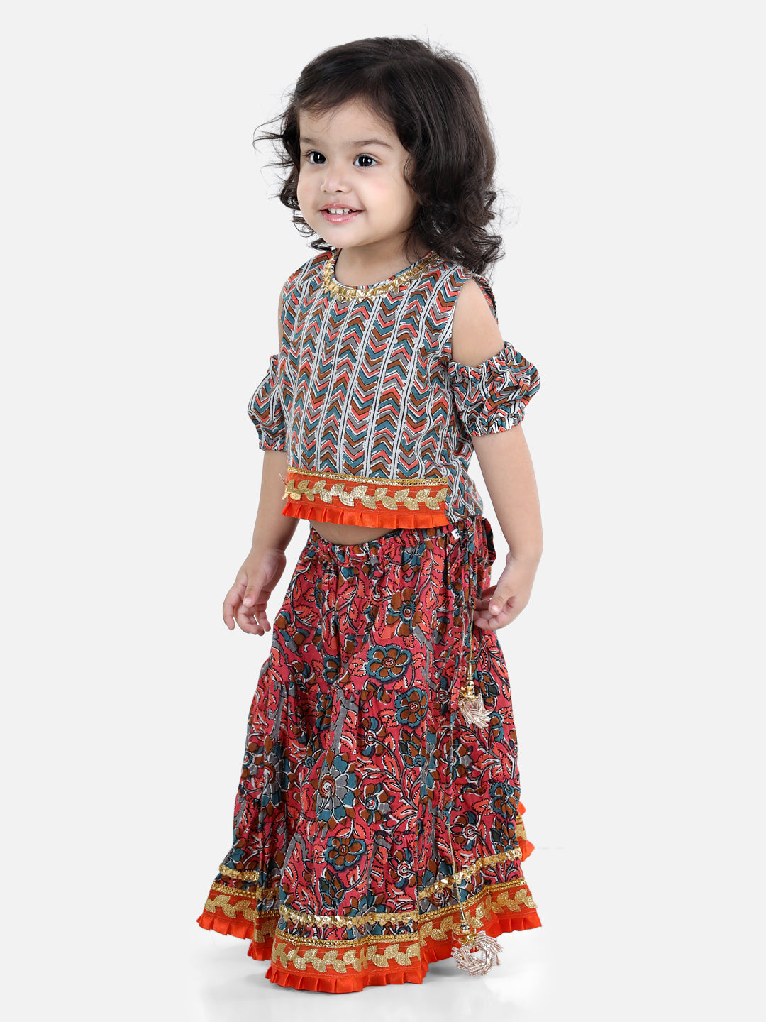 BownBee Cold Shoulder Half Sleeves Embellished Hem Herringbone Kalamkari Print Choli And Floral Kalamkari Print Lehenga - Red