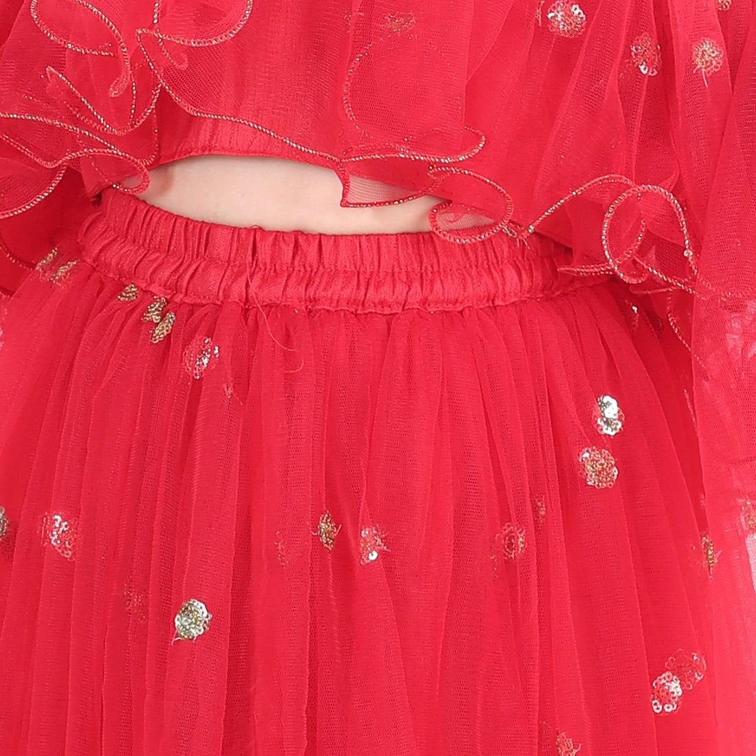 BownBee Half Sleeves Sequined Ruffled Choli With Lehenga  Dupatta