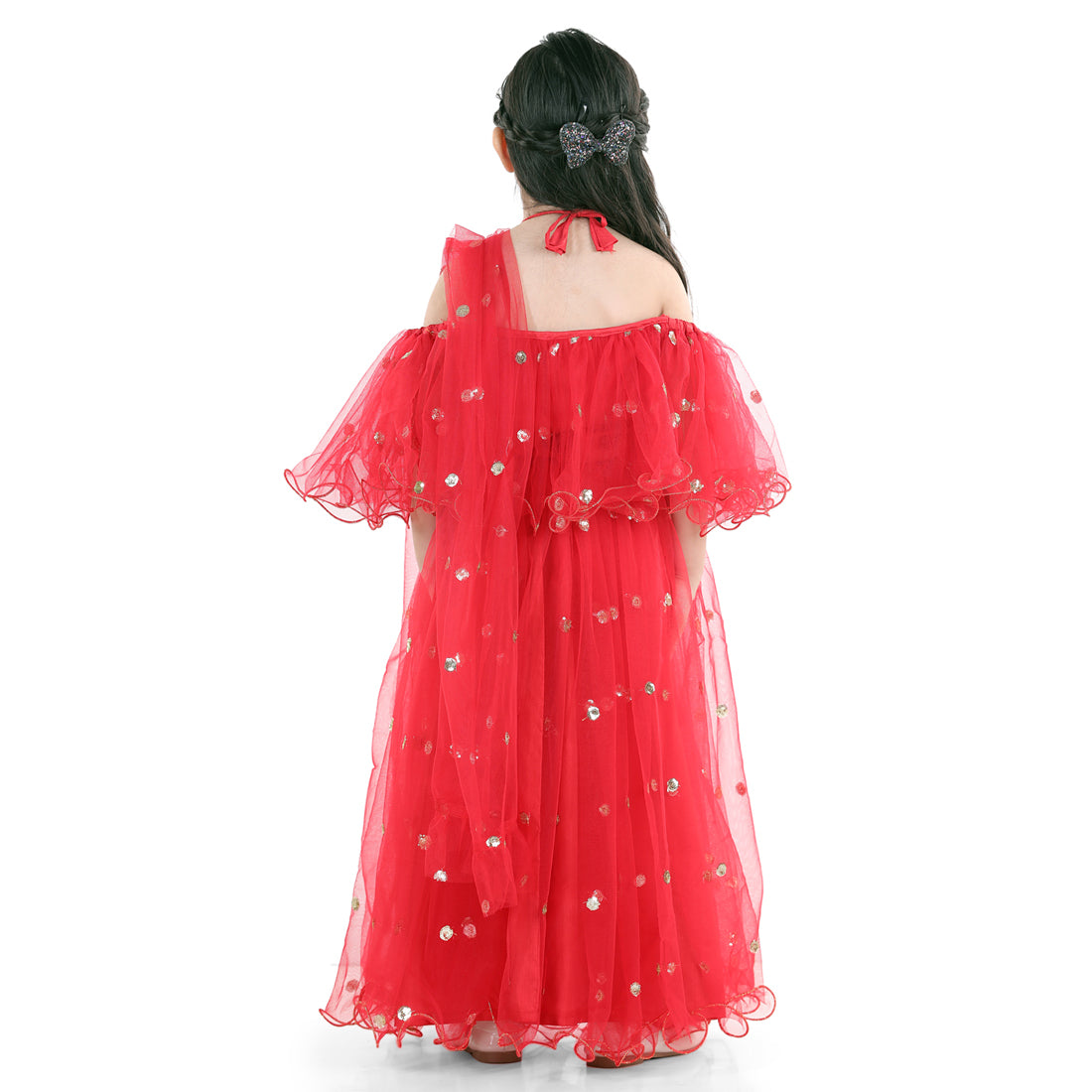 BownBee Sibling Set Hand Embroidered Jam Cotton Sherwani Salwar For Boys- Red with Sequin Net Lehenga with Ruffle Choli with Dupatta- Red