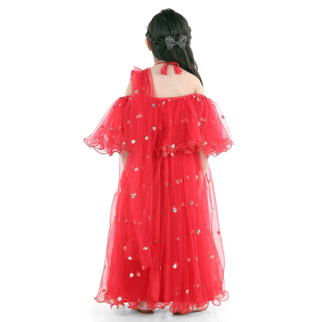 BownBee Half Sleeves Sequined Ruffled Choli With Lehenga  Dupatta