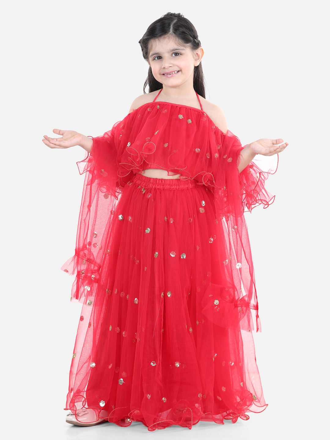BownBee Sibling Set Hand Embroidered Jam Cotton Sherwani Salwar For Boys- Red with Sequin Net Lehenga with Ruffle Choli with Dupatta- Red