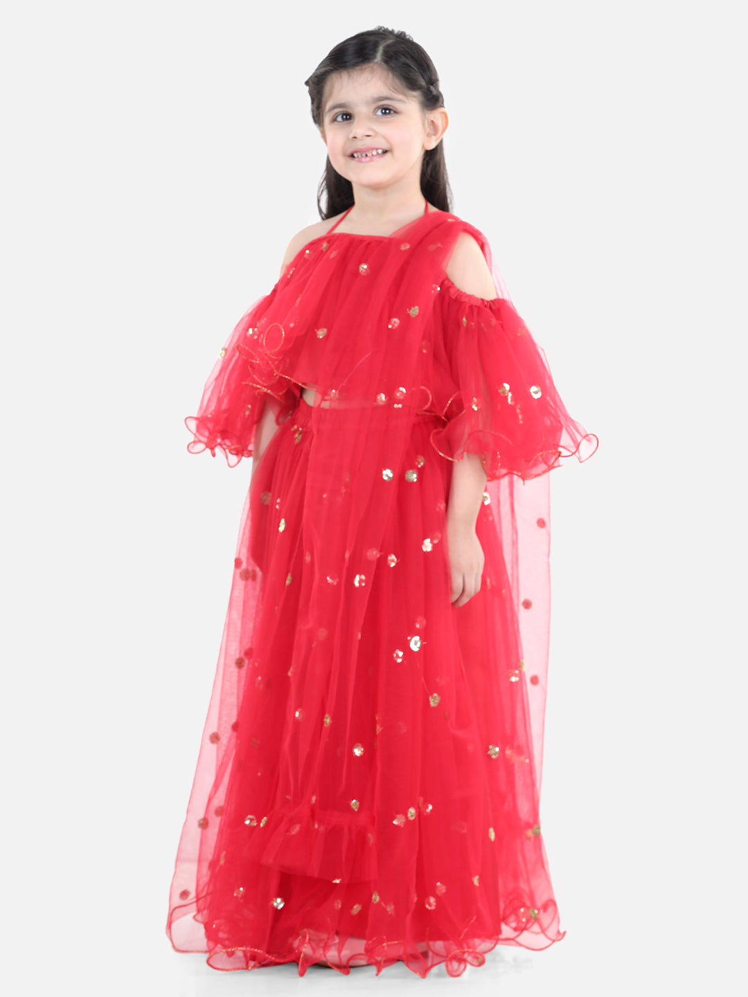 BownBee Sequin Net Lehenga with Ruffle Choli with Dupatta- Red