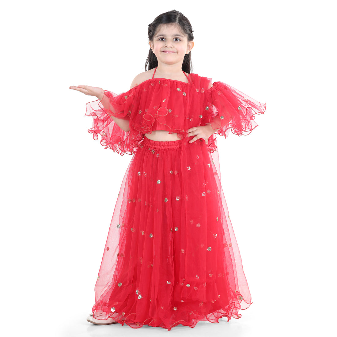 BownBee Sibling Set Hand Embroidered Jam Cotton Sherwani Salwar For Boys- Red with Sequin Net Lehenga with Ruffle Choli with Dupatta- Red