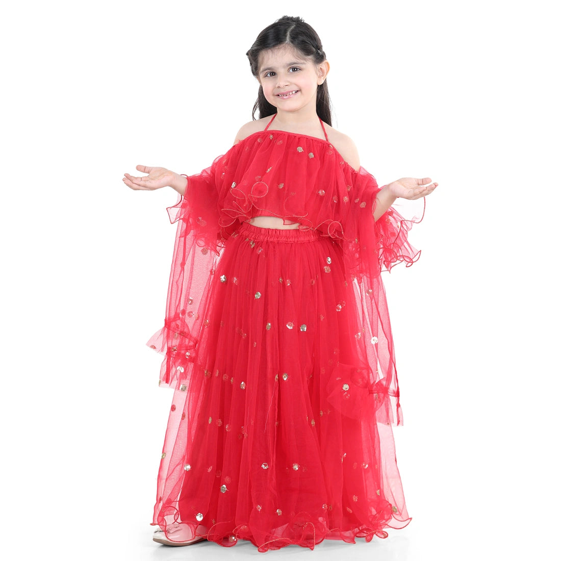 BownBee Half Sleeves Sequined Ruffled Choli With Lehenga  Dupatta