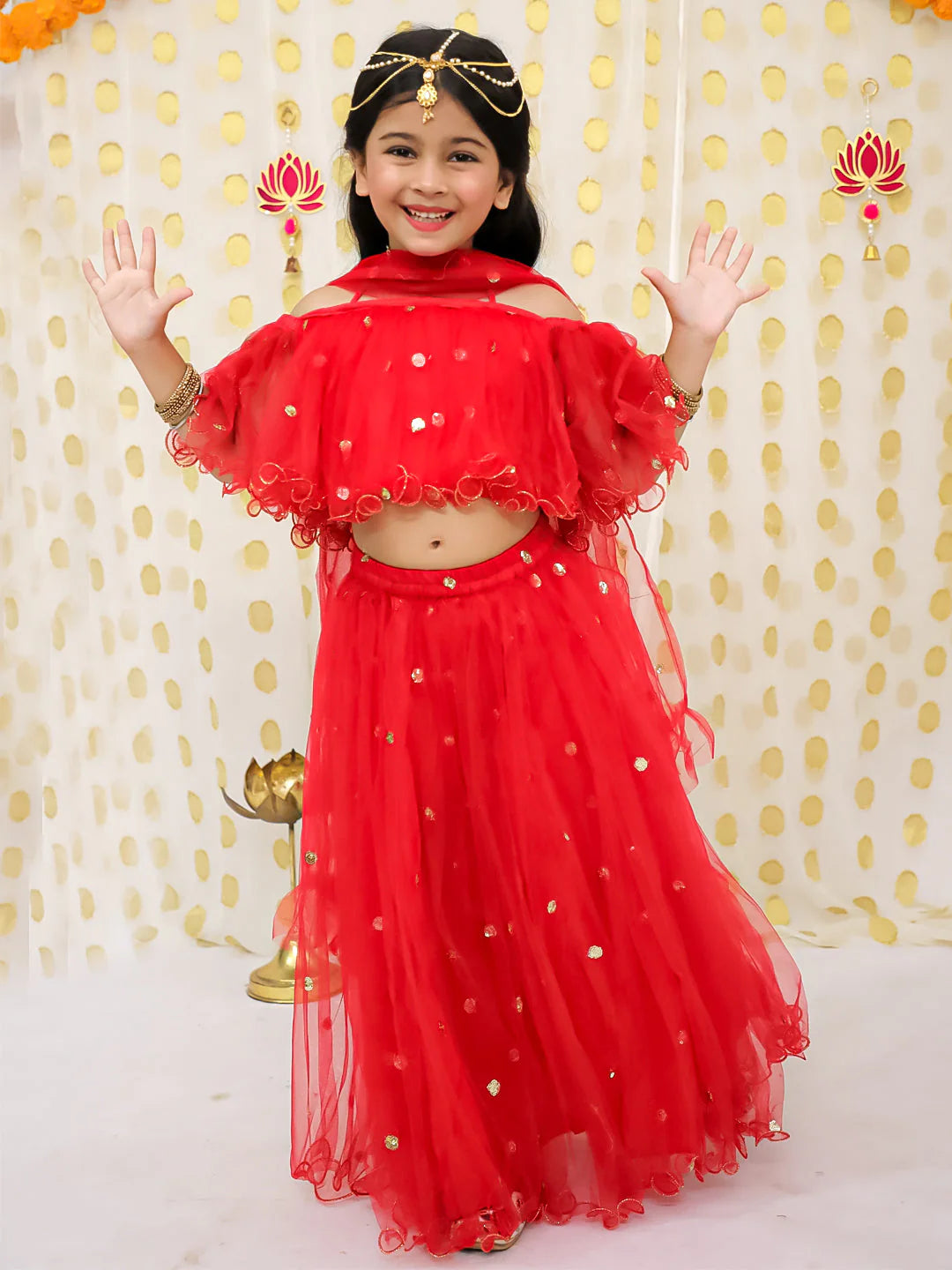 BownBee Sequin Net Lehenga with Ruffle Choli with Dupatta