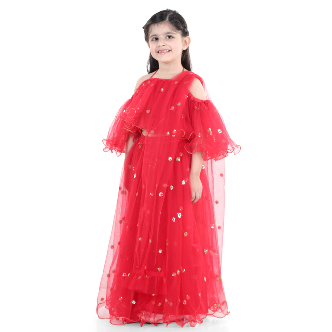 BownBee Sequin Net Lehenga with Ruffle Choli with Dupatta For Girls - Yellow